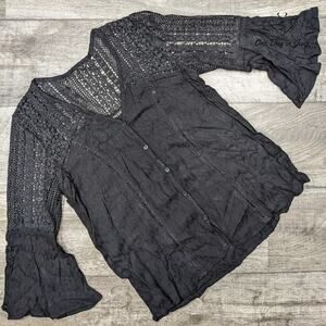 Romwe Bell Sleeve Crochet Shoulder Button Down Top Size S